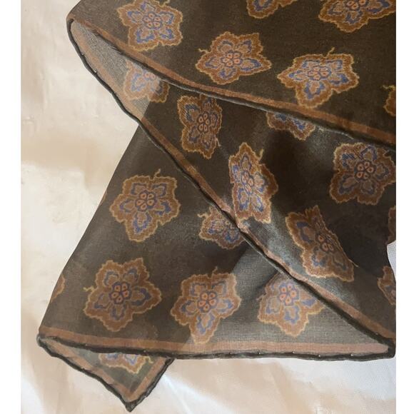 ROBERT TALBOTT Fine Silk Scarf Printed in Italy  - Brown / Blu - Semi Sheer - Picture 3 of 11